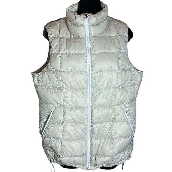 REI co op cream down puffer vest zipper front drawstring waist large *stain* - Picture 1 of 7